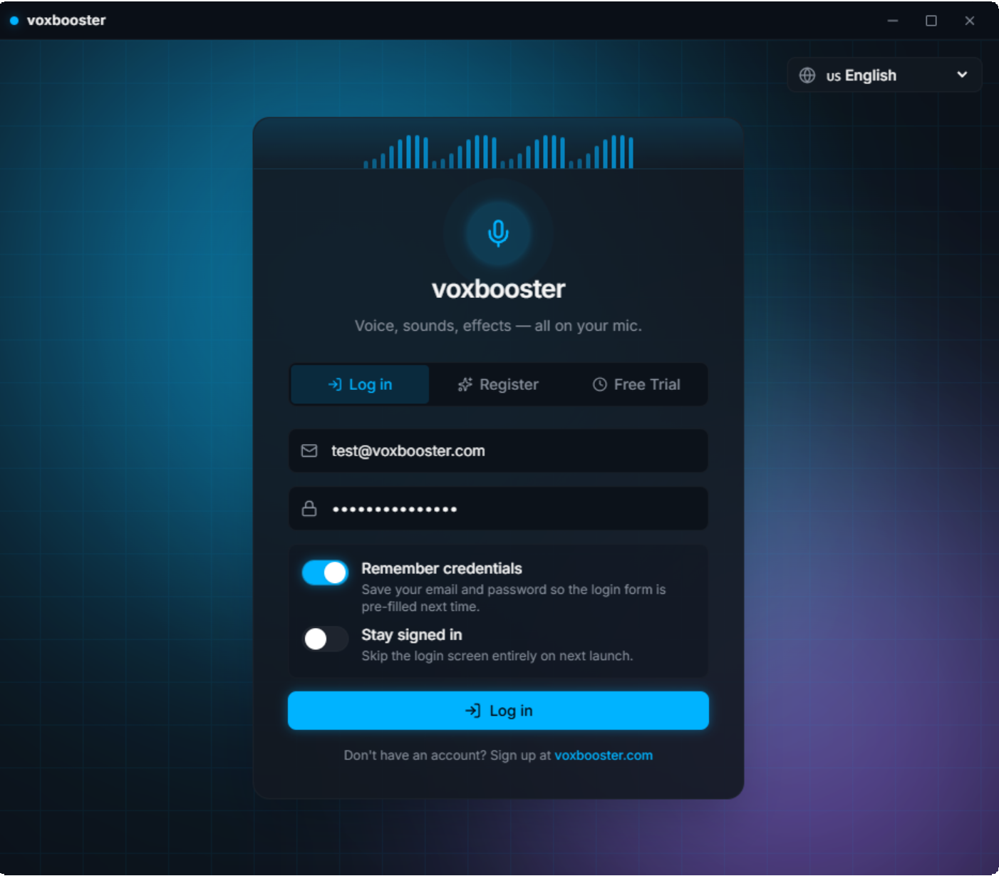 Tela de login do VoxBooster